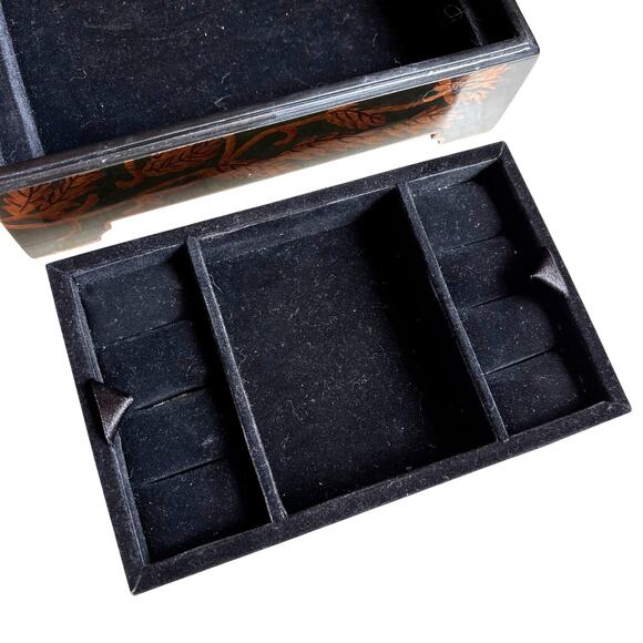 Ornate wooden jewelry box lift ff lid velvet tray black brown gold lacquer - Picture 6 of 13